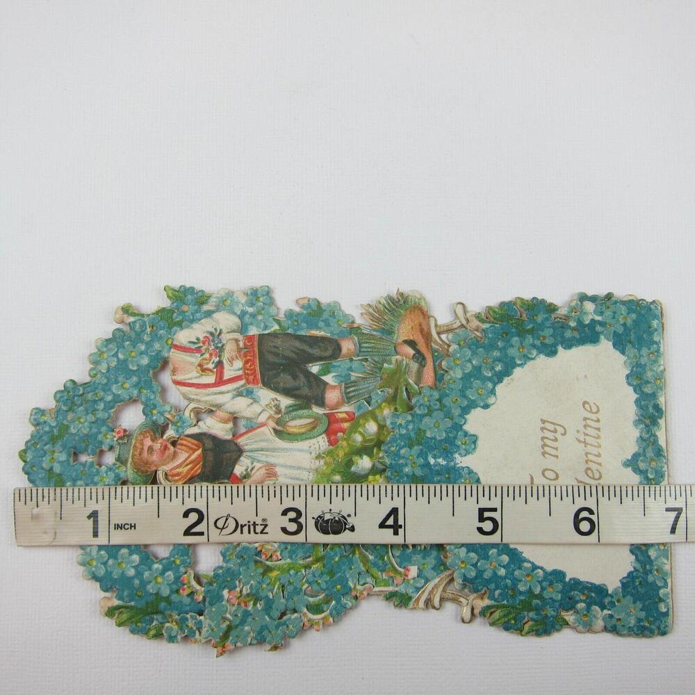 Vintage Valentine 3D Pop Up Die Cut German Girl Red Boy Lederhosen Blue Flowers - Picture 12 of 12